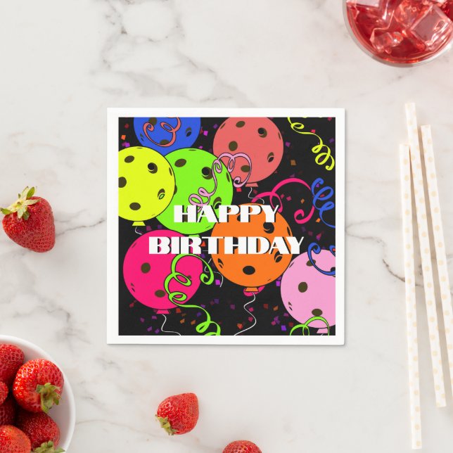 Happy Birthday Pickleball Balloons Confetti Black Napkin (Insitu)