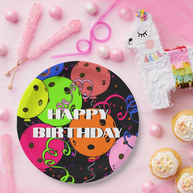 Happy Birthday Pickleball Balloons Confetti Black Paper Plate (Party)