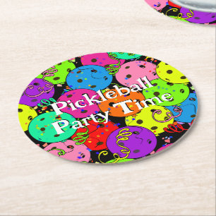 Happy Birthday Pickleball Balloons Confetti Black Round Paper Coaster
