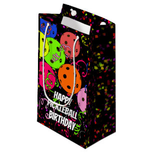 Happy Birthday Pickleball Balloons Confetti Black Small Gift Bag