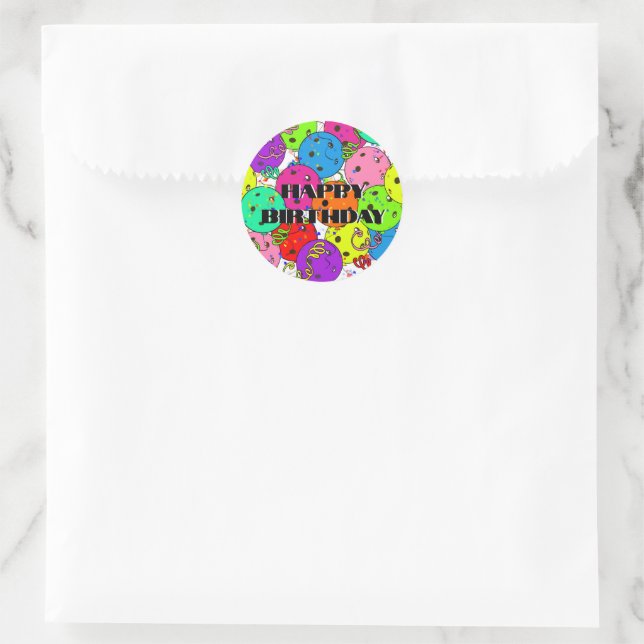 Happy Birthday Pickleball Balloons Confetti White Classic Round Sticker (Bag)