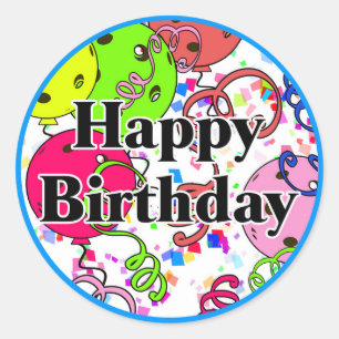 Happy Birthday Pickleball Balloons Confetti White Classic Round Sticker