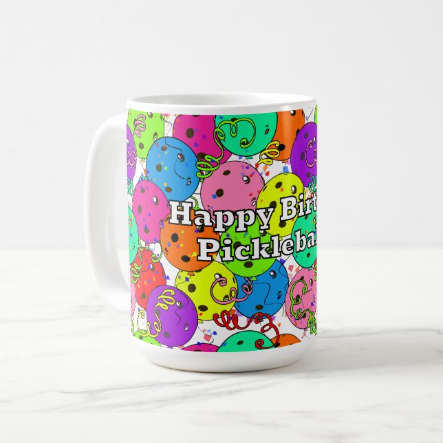 Happy Birthday Pickleball Balloons Confetti White Coffee Mug (Front Left)