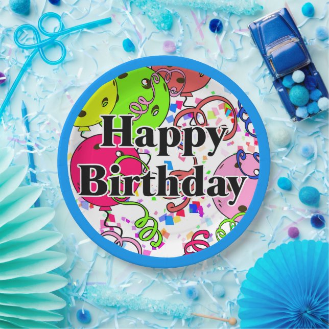 Happy Birthday Pickleball Balloons Confetti White Paper Plate (Party)