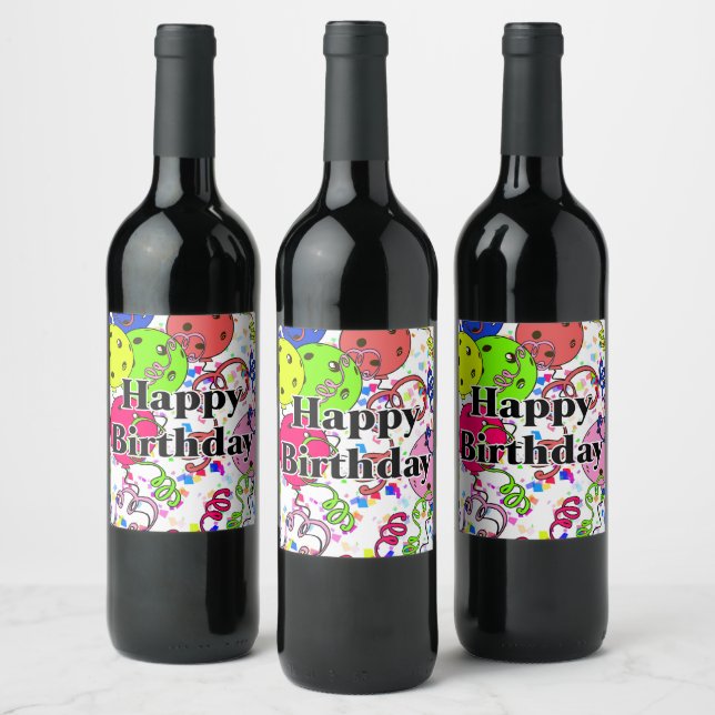 Happy Birthday Pickleball Balloons Confetti White Wine Label (Bottles)