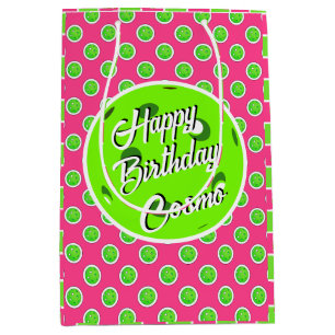 Happy Birthday Pickleball Bright Green on Hot Pink Medium Gift Bag