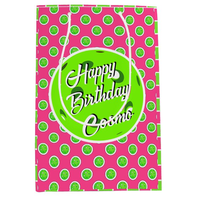 Happy Birthday Pickleball Bright Green on Hot Pink Medium Gift Bag (Front)