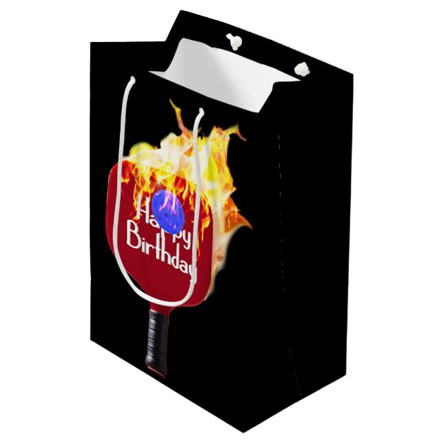 Happy Birthday Pickleball Paddle On Fire Medium Gift Bag (Front Angled)