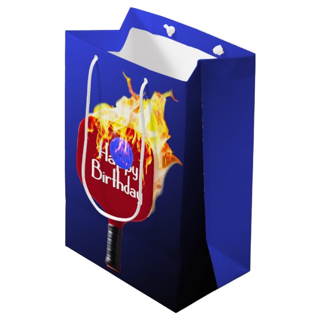 Happy Birthday Pickleball Paddle On Fire Medium Gift Bag (Front Angled)