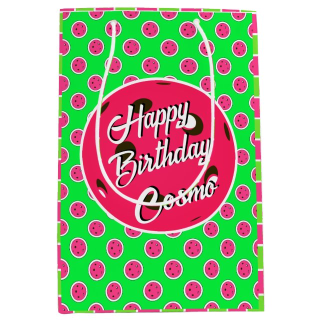 Happy Birthday Pickleball Pink Balls on Green  Medium Gift Bag (Front)
