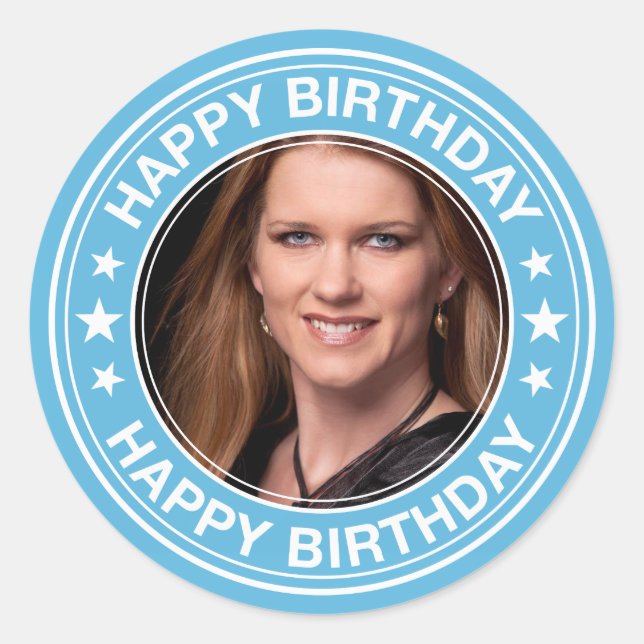 Happy Birthday Picture Frame in Blue Classic Round Sticker (Front)