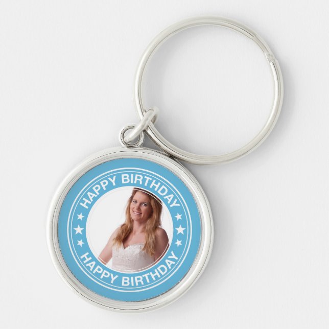 Happy Birthday Picture Frame in Blue Key Ring (Front)