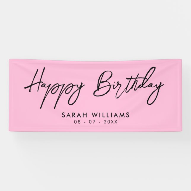 Happy Birthday Pink and Black Modern Script Banner (Horizontal)