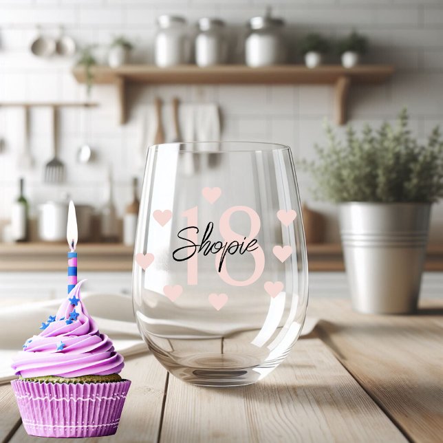 Happy Birthday Pink And Black Personalised  Stemless Wine Glass (Creator Uploaded)
