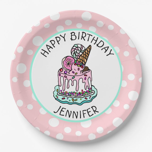 Happy Birthday Pink and Mint Green Girl's Napkins Paper Plate (Front)