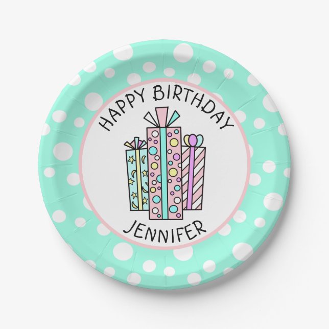 Happy Birthday Pink and Mint Green Girl's Paper Pl Paper Plate (Front)