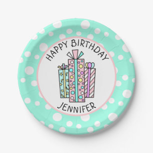 Happy Birthday Pink and Mint Green Girl's Paper Pl Plate