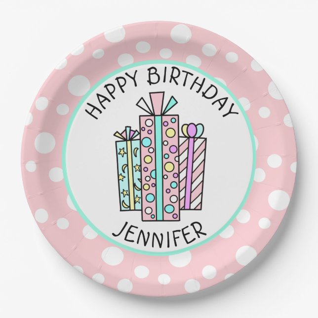 Happy Birthday Pink and Mint Green Girl's Paper Plate (Front)