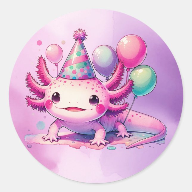 Happy Birthday Pink and Purple Axolotl  Classic Round Sticker (Front)