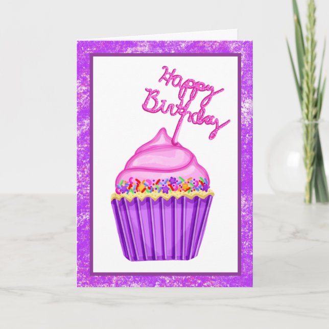Happy Birthday pink and purple cupcakes Card (Front)