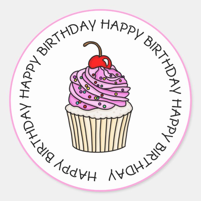 Happy Birthday Pink and Vanilla Cupcake Classic Round Sticker (Front)