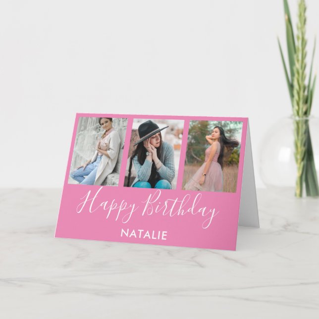 Happy Birthday Pink and White 3 Photo Collage Card (Front)