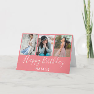 Happy Birthday Pink and White 3 Photo Collage Card