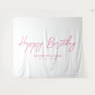 Happy Birthday Pink and White Modern Script Tapestry