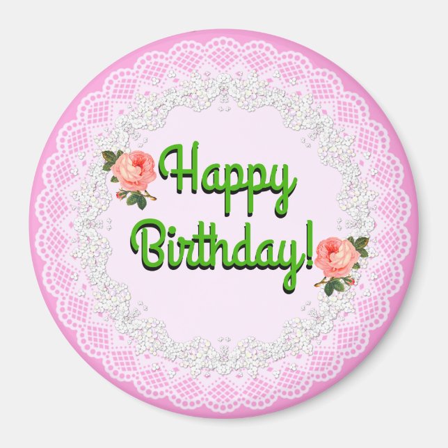 Happy Birthday Pink and White Vintage Gift Magnet (Front)