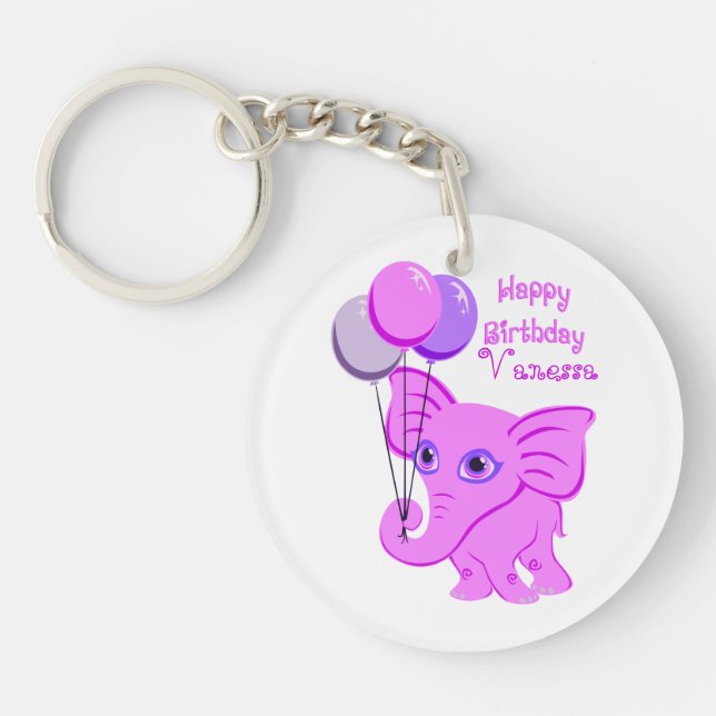 Happy Birthday Pink Baby Elephant Custom Name Key Ring (Front)