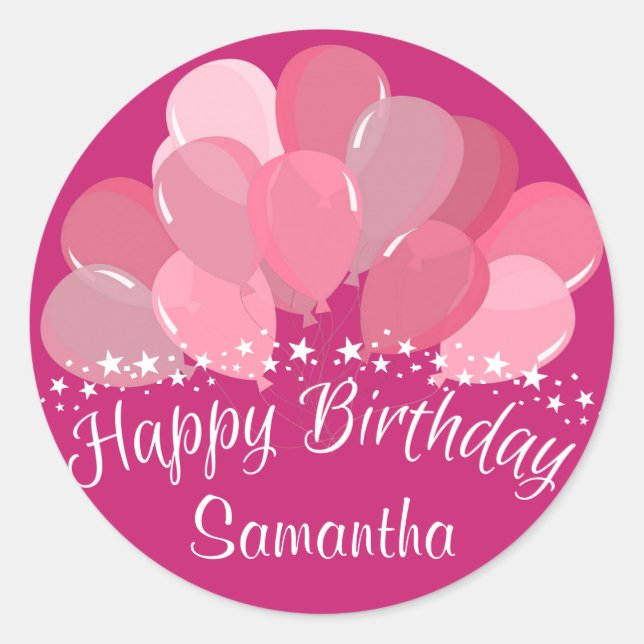 Happy Birthday Pink Balloons And White Stars Classic Round Sticker (Front)