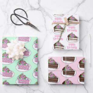 Happy Birthday Pink Birthday Cake Wrapping Paper Sheet