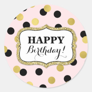 Happy Birthday Pink Black Gold Confetti Classic Round Sticker