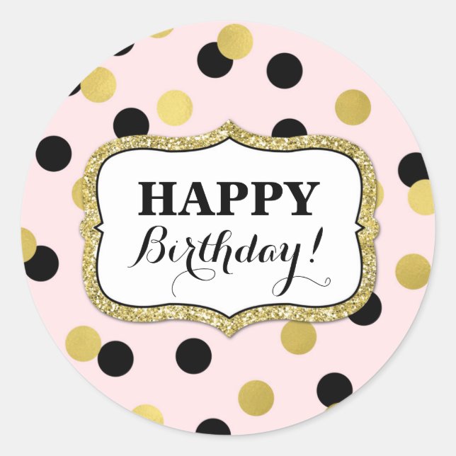 Happy Birthday Pink Black Gold Confetti Classic Round Sticker (Front)