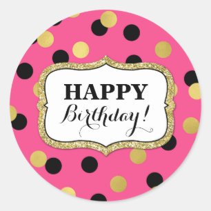 Happy Birthday Pink Black Gold Confetti Classic Round Sticker