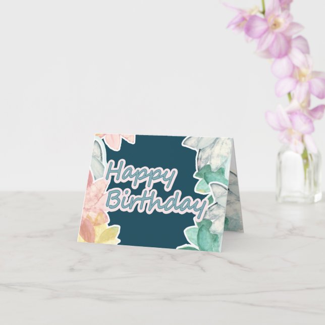 Happy Birthday Pink Blue Text Tropical Leaves Card (Orchid)