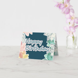Happy Birthday Pink Blue Text Tropical Leaves Card