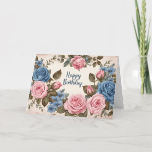 Happy Birthday Pink, Blue Vintage Roses Card