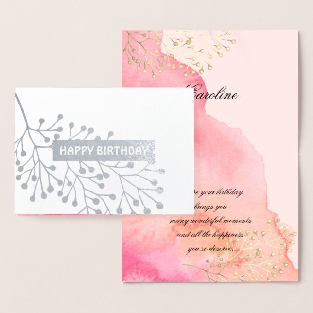 Happy Birthday. Pink Botanical Watercolor Luxury Foil Card (Display)