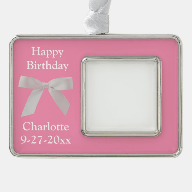 Happy Birthday Pink Bow Personalised Silver Plated Framed Ornament (Front)