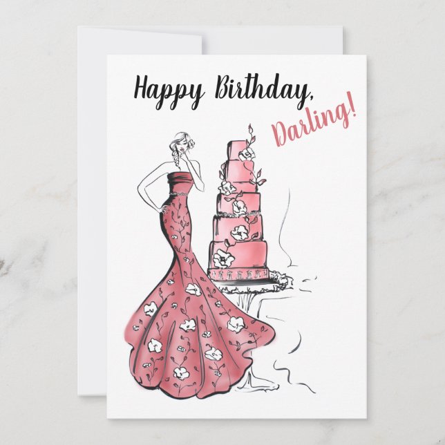 Happy Birthday Pink Cake Fashion Illustration Card (Front)