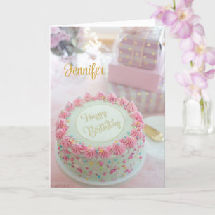 Happy Birthday Pink Cake Personalise Greeting Card