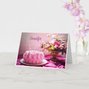Happy Birthday Pink Cake Personalise Greeting Card