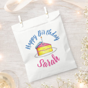 Happy Birthday Pink Cake Slice Candle Party Bday Favour Bags
