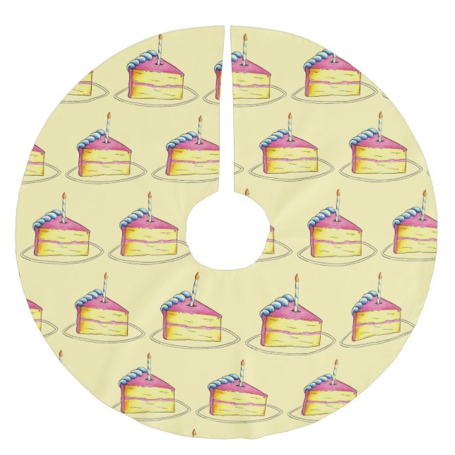 Happy Birthday Pink Cake Slice Candle Party Brushed Polyester Tree Skirt (Front)
