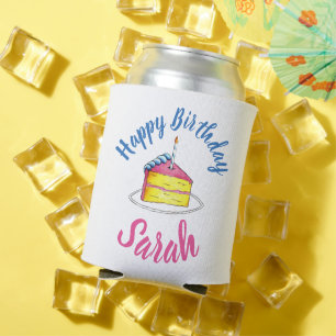 Happy Birthday Pink Cake Slice Candle Party Favour Can Cooler