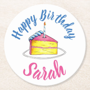 Happy Birthday Pink Cake Slice Candle Party Favour Round Paper Coaster