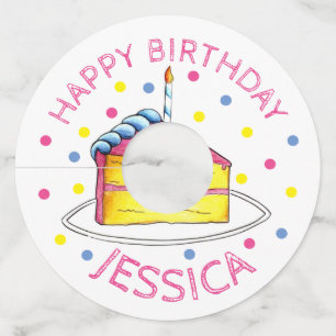 Happy Birthday Pink Cake Slice Candle Party Wine Glass Tag