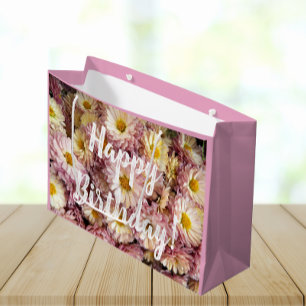 Happy Birthday Pink Chrysanthemums Floral Photo Large Gift Bag