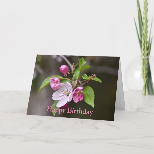 Happy Birthday Pink Crab Apple Flowers Card (Front)